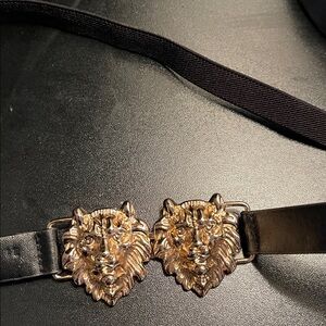 Black Belt with Double Gold Lion Head Statement Buckle stretches from 31.5 - 37”